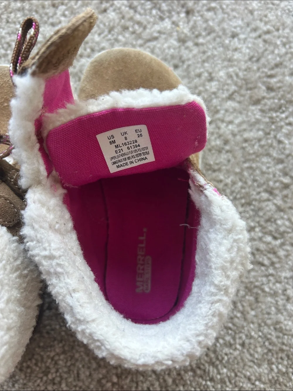 Merrell Brown Faux-Suede Kids Boots with Pink-Trim Laces